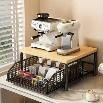 Modern kitchen microwave rack storage rack - sturdy solid wood and metal structure, space-saving countertop storage rack