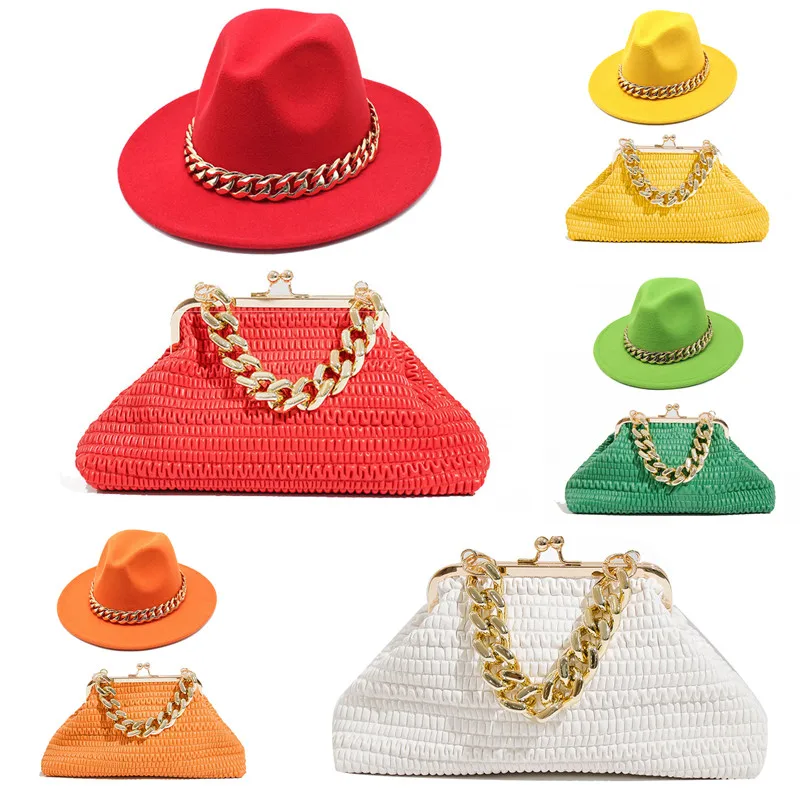 Straw Hats And Bag Set Large Chain Fedoras Hat For Women Jazz Hat With