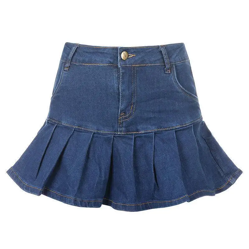 Harajuku Punk Y2K Denim Mini Pleated Skirt Ladies Summer High Waist Jeans Shorts Skirts Women Ladies Ruffles Fashion Korean black skirt