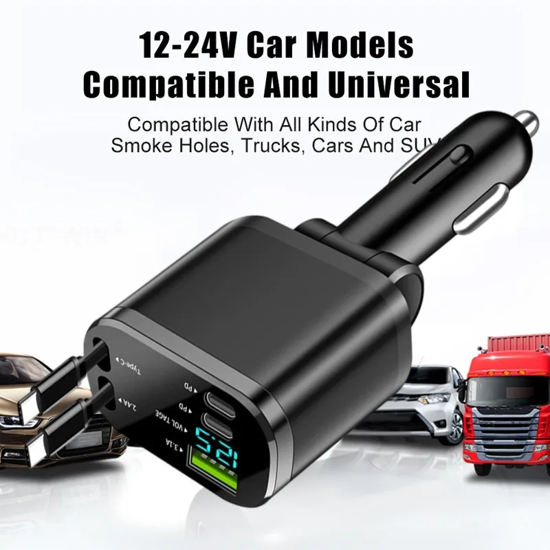 5 in 1 Retractable Car Charger 75W Fast Charging 12-24V Voltage Digital Display Dual Cables for IPhone & Android
