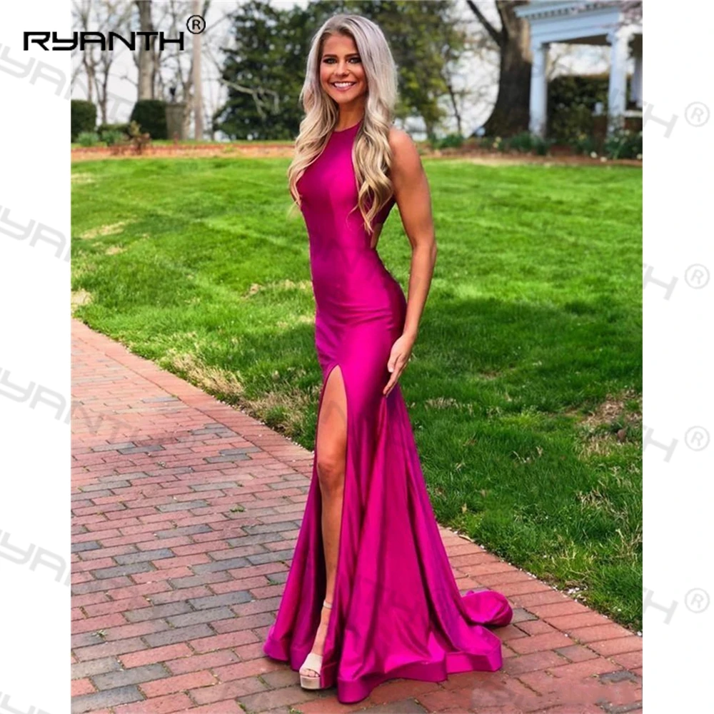 Vestidos sirena de satén con tirantes spaghetti Fucsia