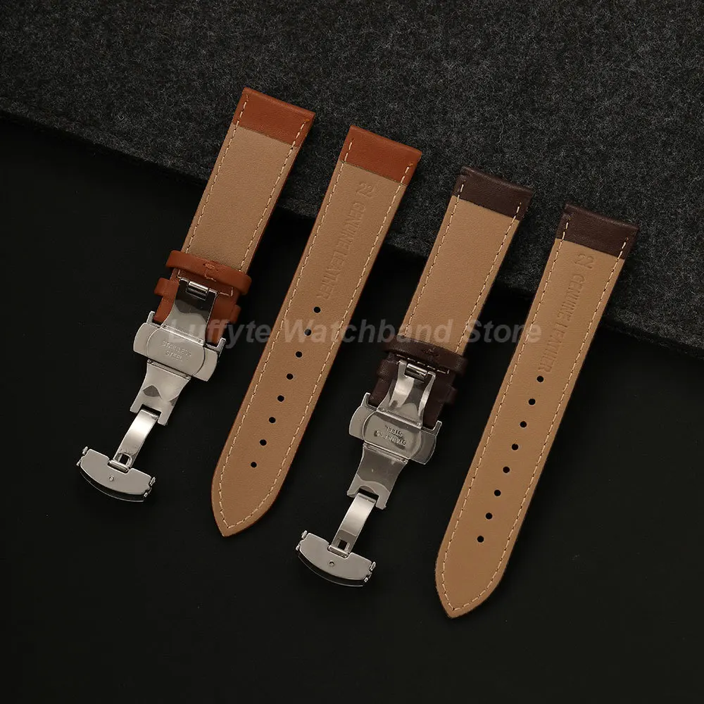 Classic Black and Brown Leather Watch Band with Butterfly Clasp Buckle – Elegant Replacement Strap