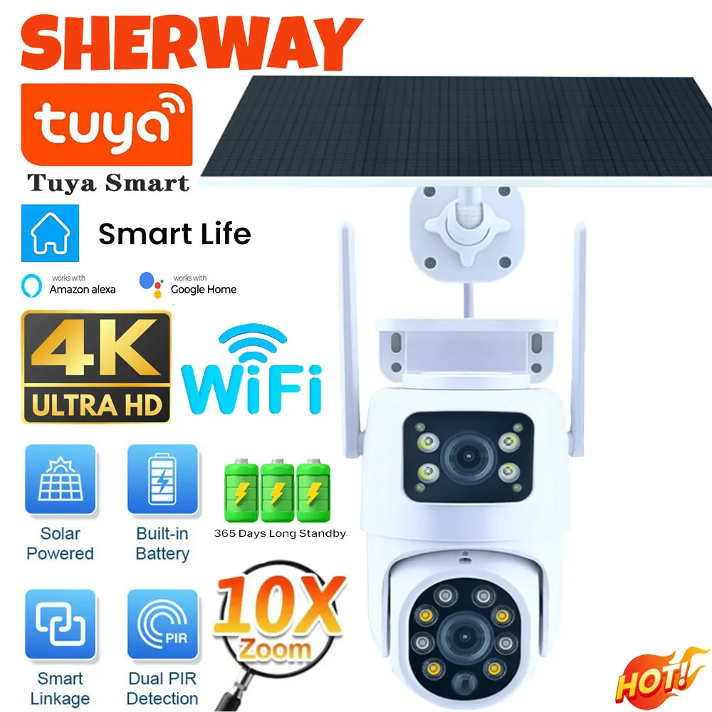 Wifi Camera Solar Camera Solar Security Camera Surveillance Camera Tuya Solar Camera WiFi Outdoor 10MP Dual Lens 4K Wireless Dual Screen PTZ Security Camera Low Power Battery Cam Motion Detection