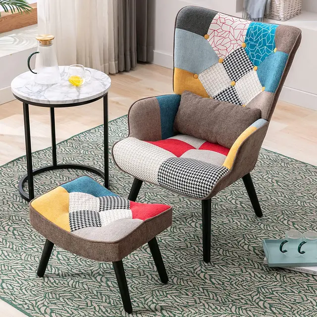 voor maandag Keuze Patchwork Stoel Met Voetenbank Fauteuils Linnen Stof Kleurrijke Accent  Stoel Met Voetensteun Voor Woonkamer Reading Slaapkamer| | - AliExpress