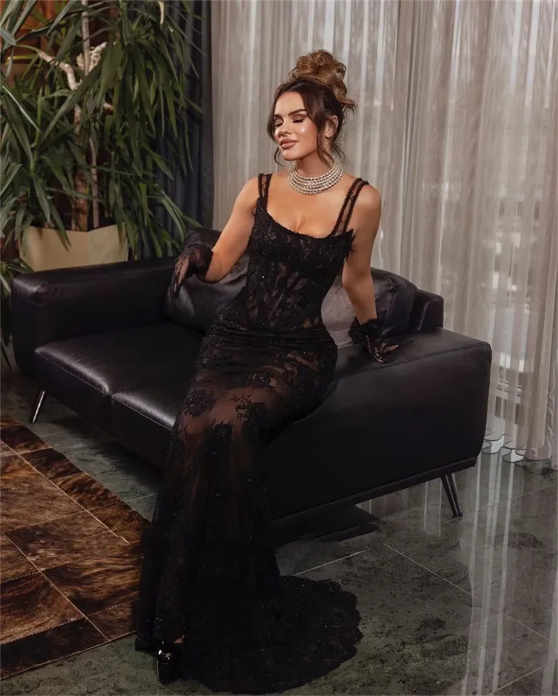 

Sexy Lace Mermaid formal evening gown with halter tulle floor-length party ball dress Dubai Women vestidos de noche فساتين السه