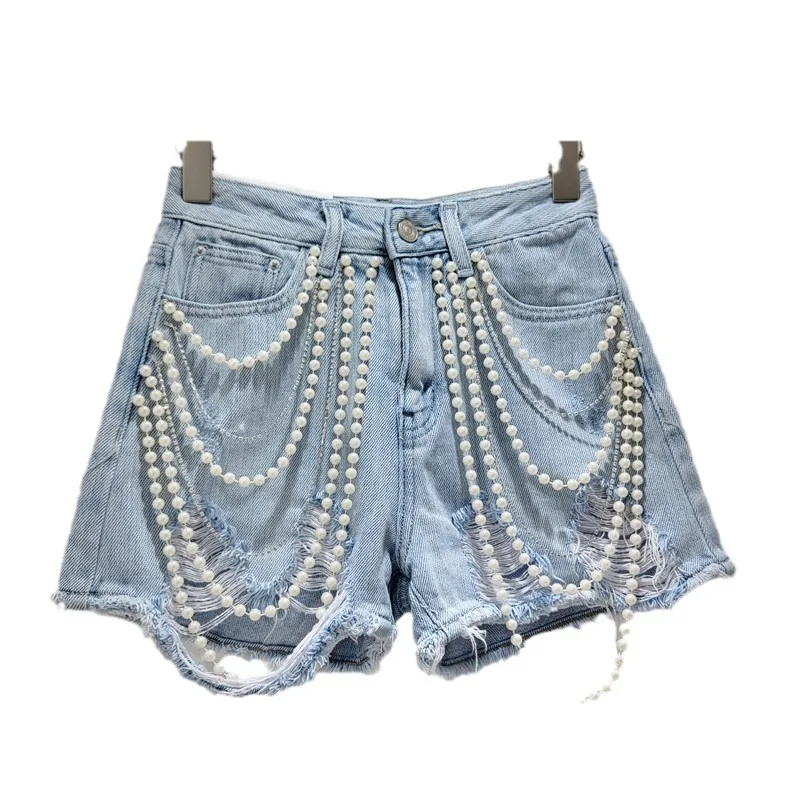 Handmade Chain Beaded Frayed Washed Cotton Denim Shorts Women 2024 Summer New Korean Style High Waist Slimming Hot Pants