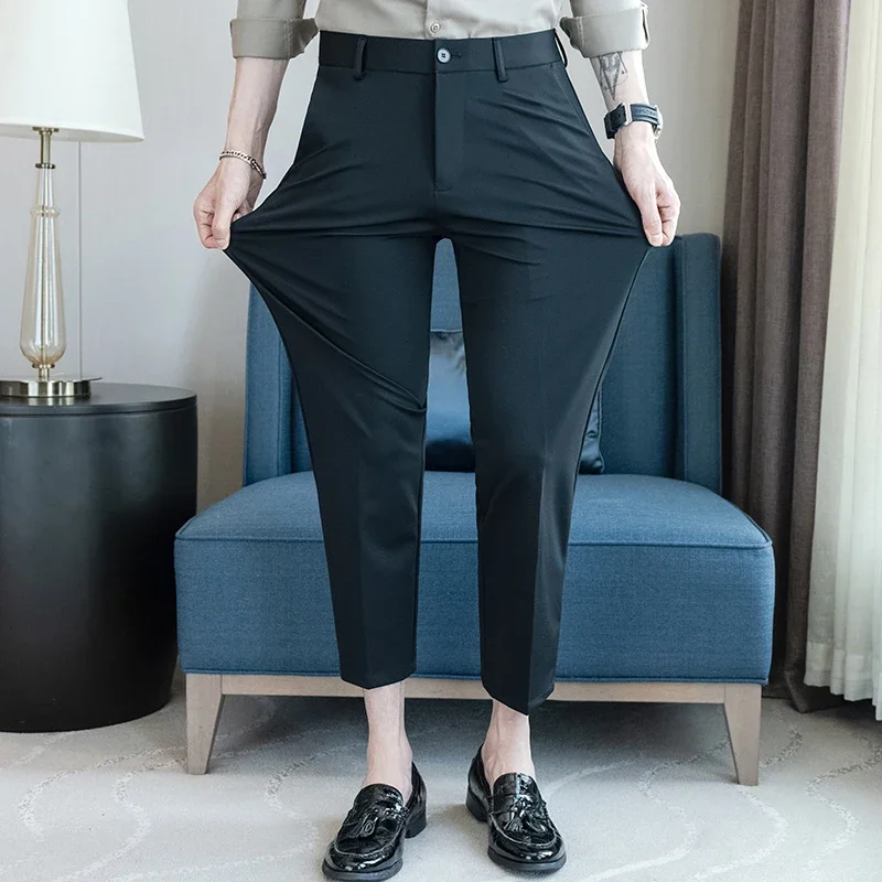 남성용 고탄성 발목 길이 슬림 핏 원피스 바지, 비즈니스 포멀웨어, 아이스 실크 바지, 여름 바지