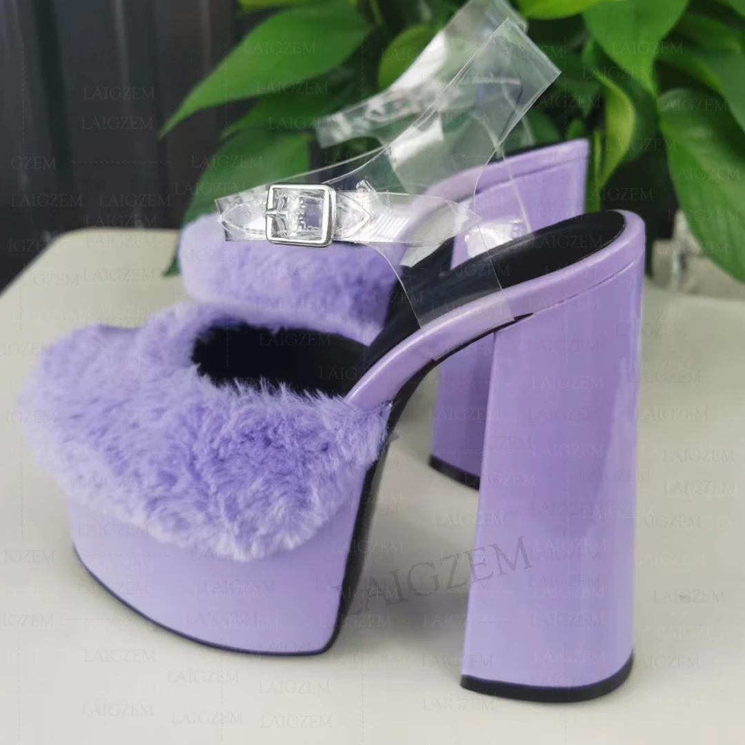 

Женские сандалии SEIIHEM, пушистые прозрачные ПВХ туфли-лодочки на массивном высоком каблуке, женские туфли из искусственного меха для косплея, женская обувь больших размеров 41 43 45 47
