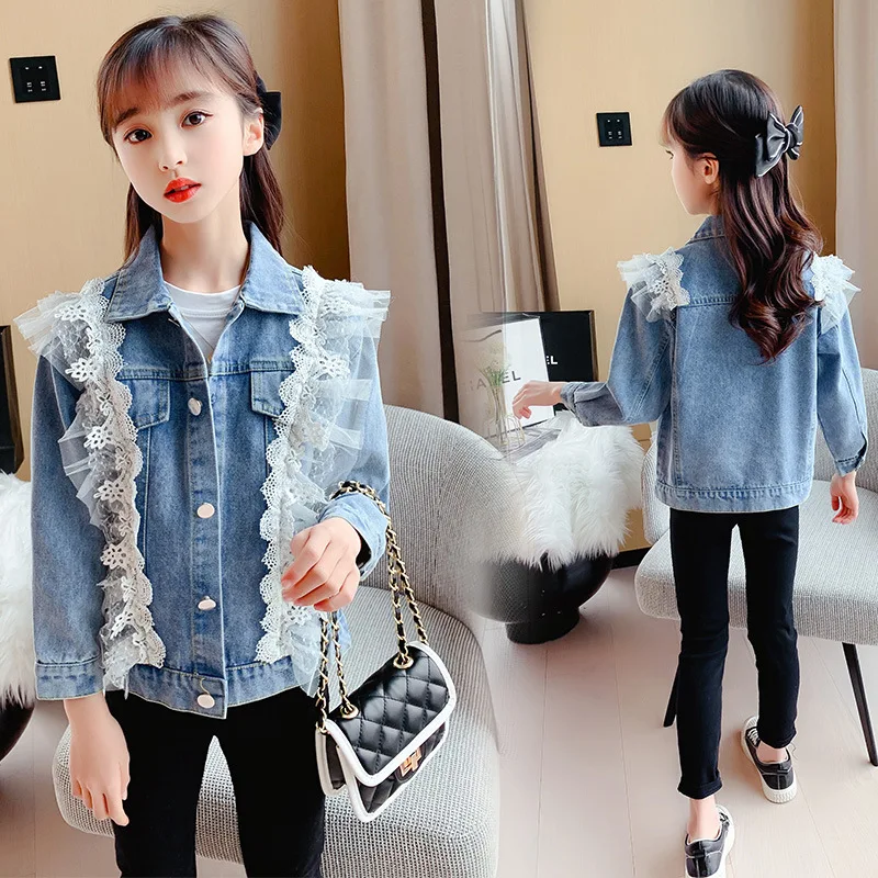 

3-12Y Fashion Autumn Kids Girls Denim Jacket Lace Ruffles Long Sleeve Single Breasted Coat Children Turn-down Collar Outerwear