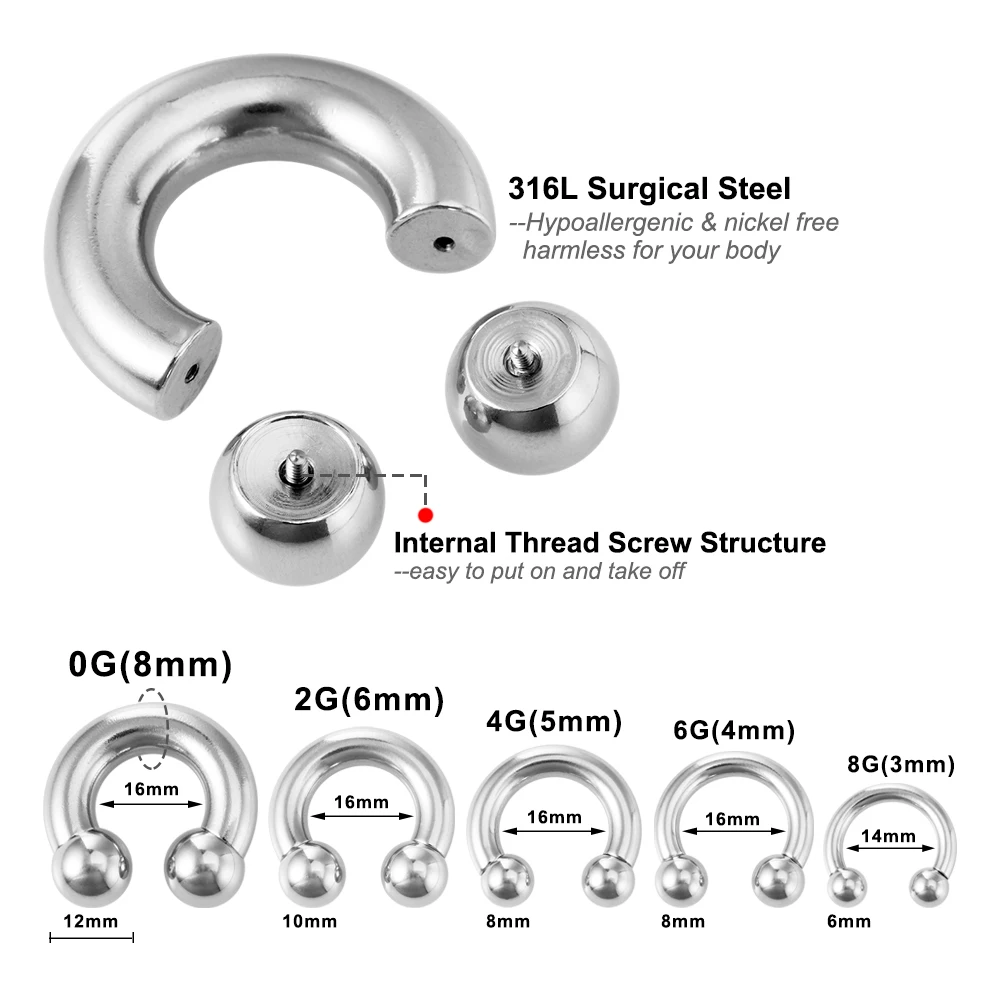 1pc 2/4/6/8g Stahl Hufeisen Nasenring Innengewinde große Ohrring Messgeräte Piercings Nasen Ohr Expander Septum Piercing – Detail 4