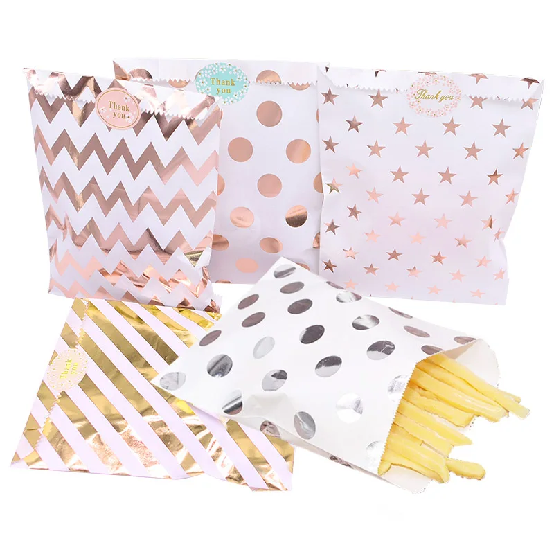 25pcs Foil Gold Silver Treat Candy Bag Wedding Party Favor Paper Bags Polka Dot Stripe Printed Paper Craft Gift Bags Packing