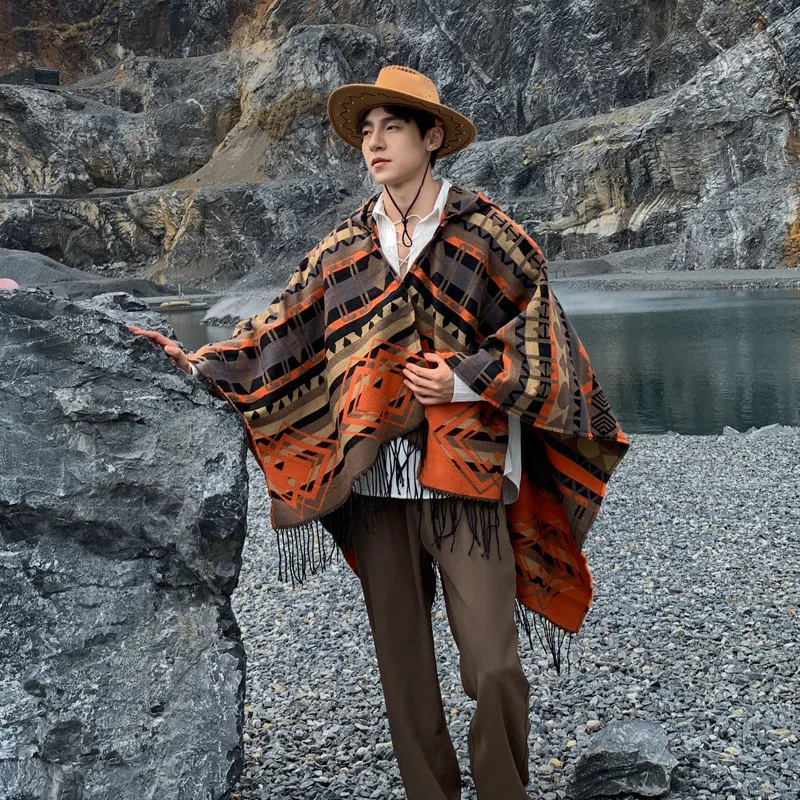 Sciarpa a fessura in stile occidentale - Mantello scozzese vintage americano con doppio diamante per protezione solare e moda 3