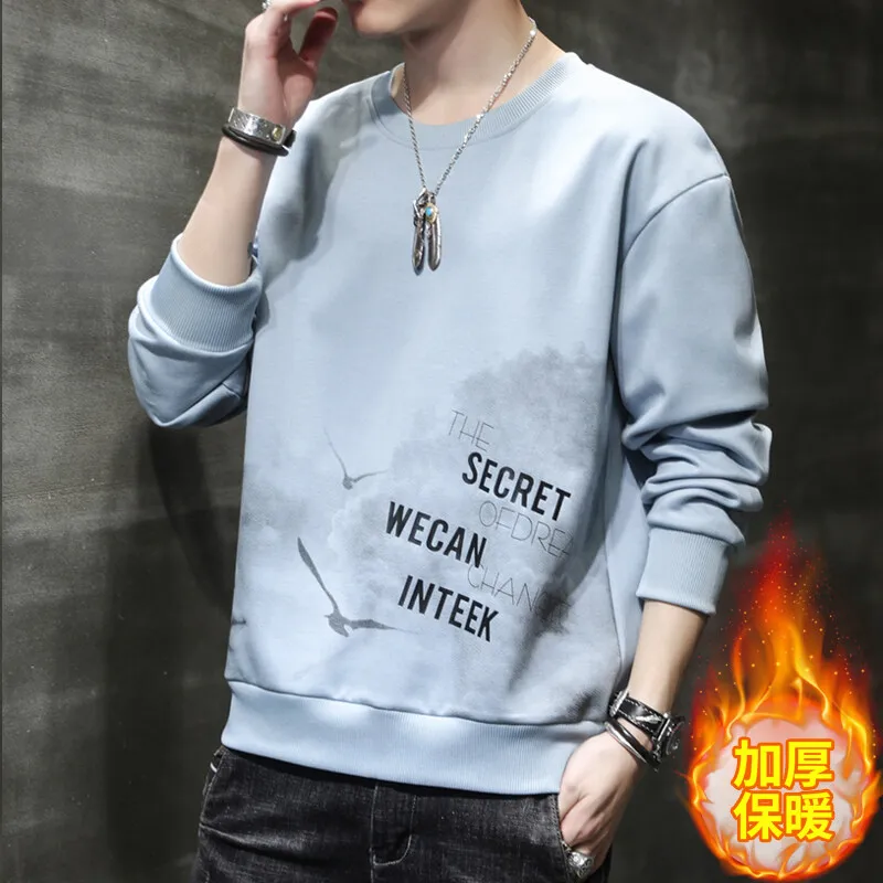 Men's Autumn and Winter Pullover Round Neck New Patchwork Printed Letter Loose and Versatile Fashion Casual Long Sleeved Hoodie