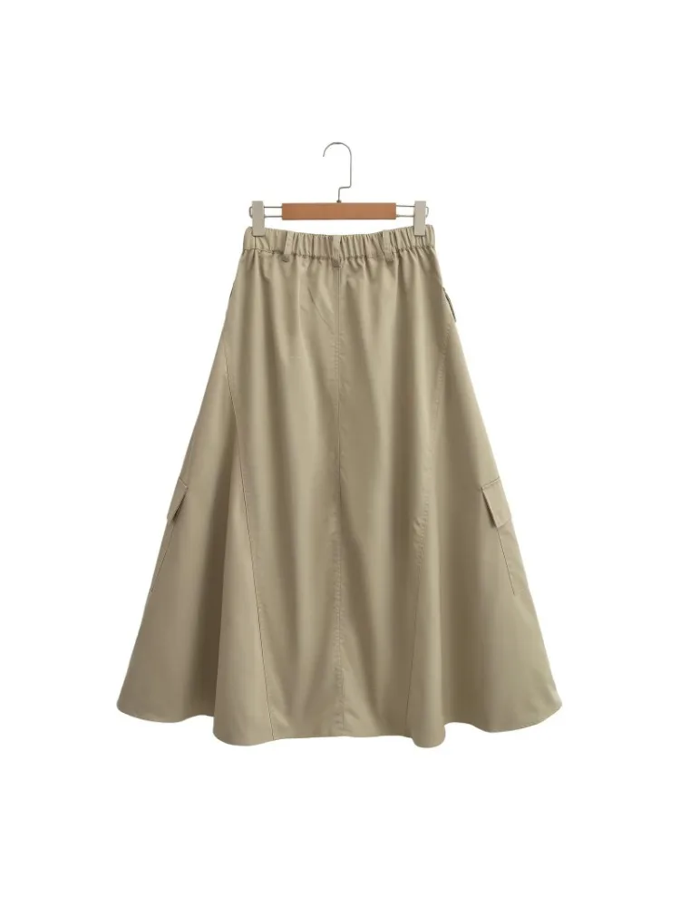 HOUZHOU Cargo Skirts for Women Vintage Female Safari Long Skirt A Line Pocket Retro Outwear Loose Casual Streetwear Y2k Clothes
