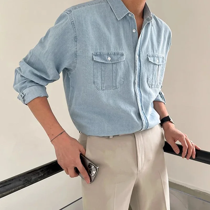 Streetwear Mens Denim Shirts Fashion Patchwork Pockets Long Sleeve Jean Shirt Vintage Solid Color Button Denim Cardigans