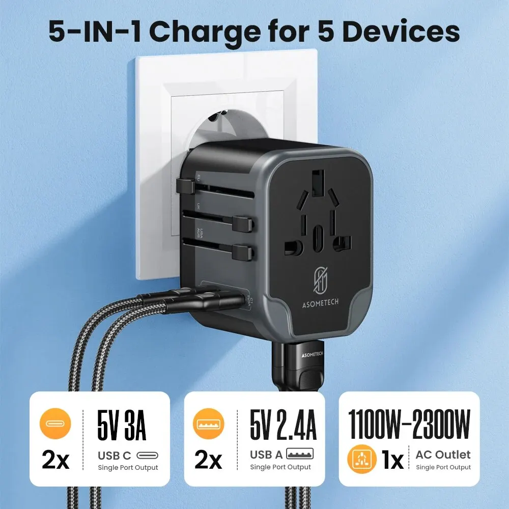 Universal Travel Adapter with Dual USB and Type-C Ports - All-in-One Charger