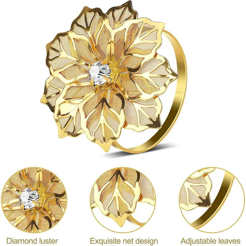 Napkin Ring 6Pcs Rose Flower Napkin Holder Floral Rhinestone Napkins Rings for Wedding Mother's Day Party Dinner Table Decor