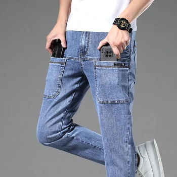 2024 New 6 Pocket Design Men's Denim Jeans Skinny Full Length Pants with High Elasticity Slim Pants Man Fashion Mid-waist Jeans 1