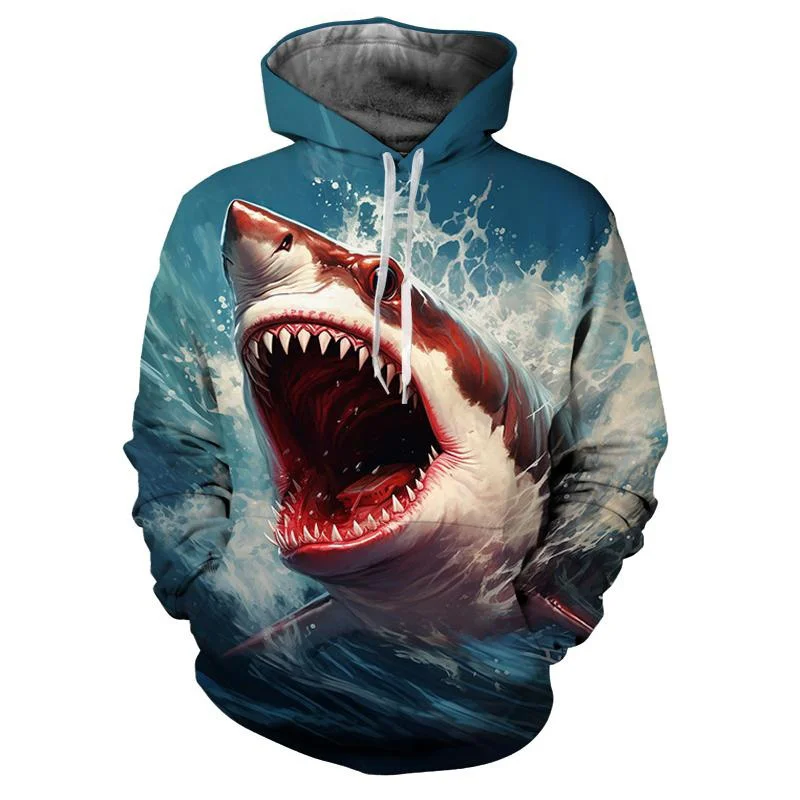 3D Printed Bloody Shark Hoodie For Men Marine Animal Pattern Long Sleeves Casual Sweatshirt Loose Pullover Hoodies Streetwear 4