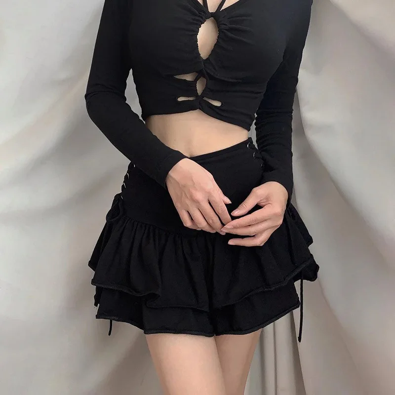 Dark Girl Bandage Skirts Summer Women Gothic Solid Colors High Waist Ruffles Mini Skirts Y2k Streetwear Sexy Clothing Black Cool