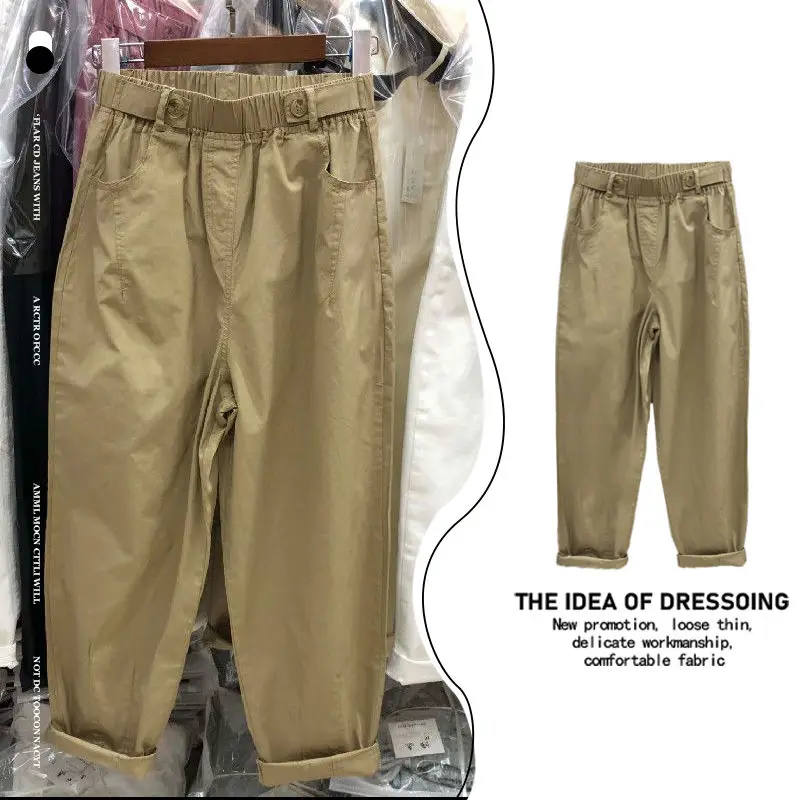 2023 Spring Autumn New Solid Color Elastic Waist Haren Pants Women Korean Style Button Pockets All-match Ankle Length Trousers