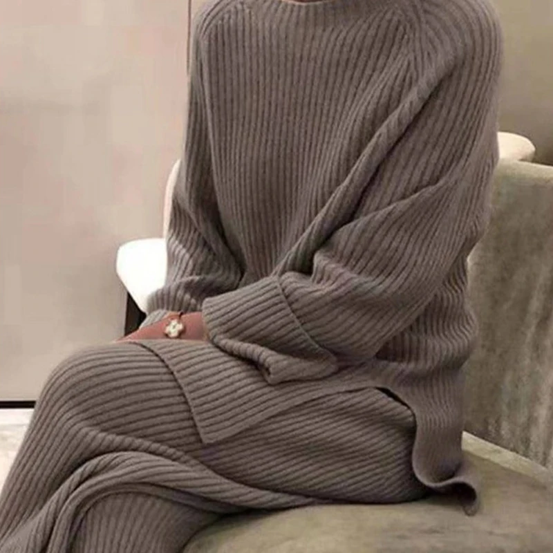 

New Autumn Winter Basic Knitted Women Home Suit Loose Solid Color Sweater Pullover Wide Leg Pants 2 Pieces Set Female Clothing