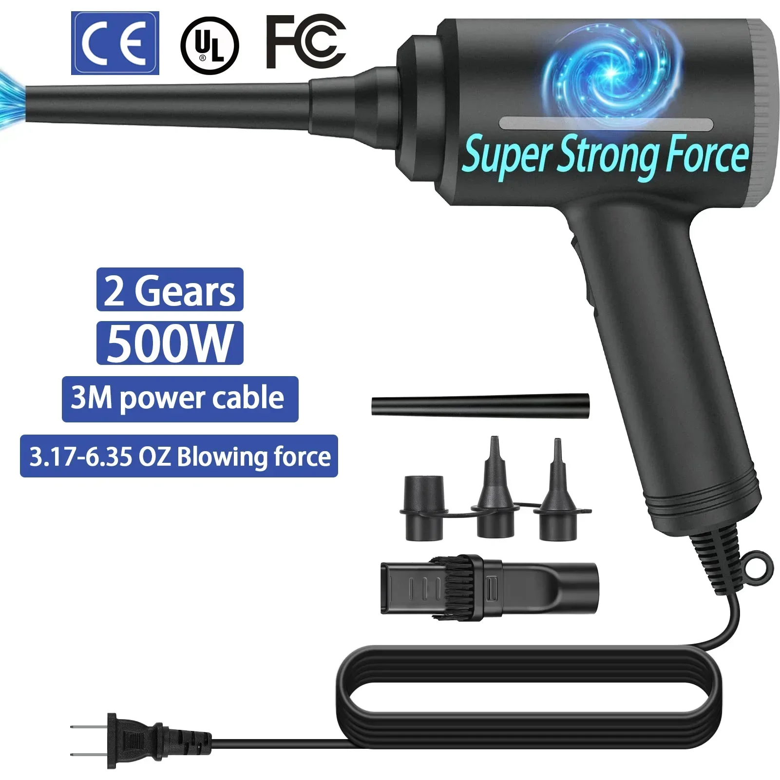 Soffiatore Aria Compressa Elettrico Pafolo - 500W, 2 Velocit&agrave;, 6 Accessori