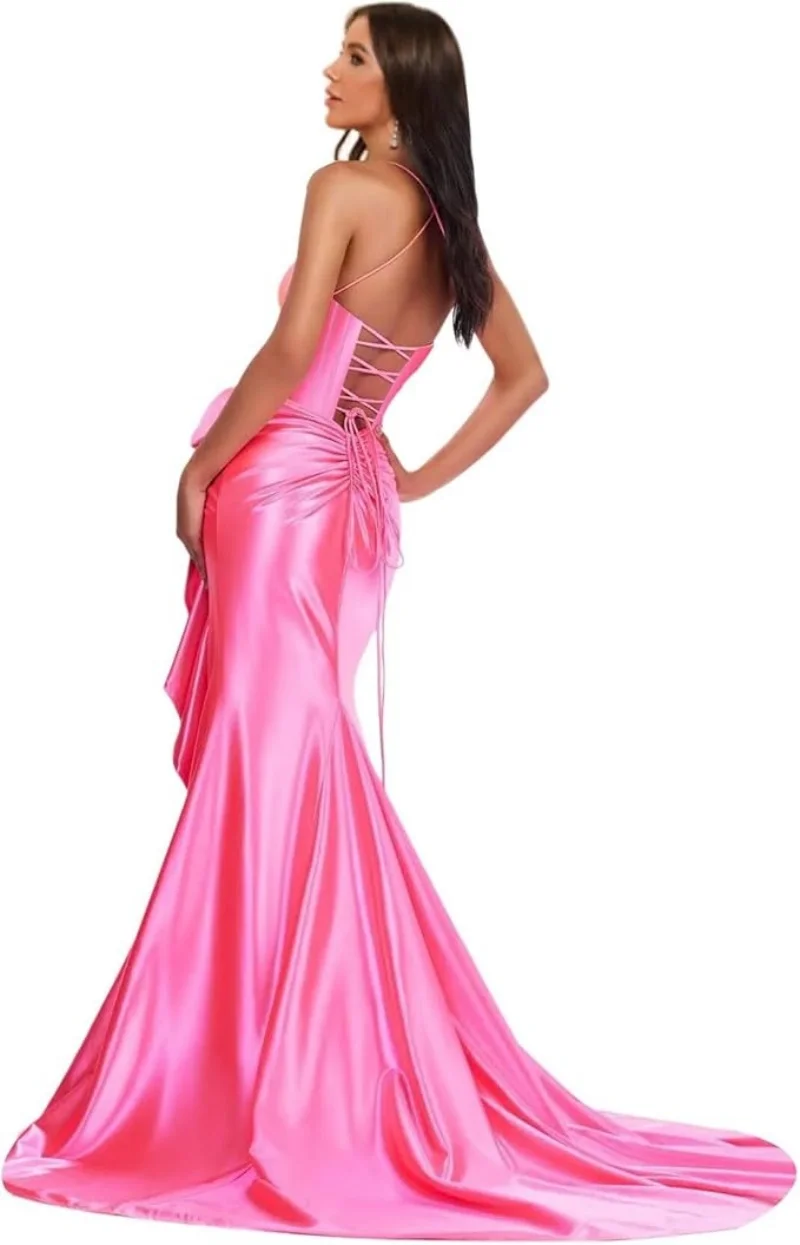 Spaghetti Straps Satin Prom Dresses for Women Mermaid Evening Gown Split off Shoulder Cocktail Dress with Bow Guest Dress 2