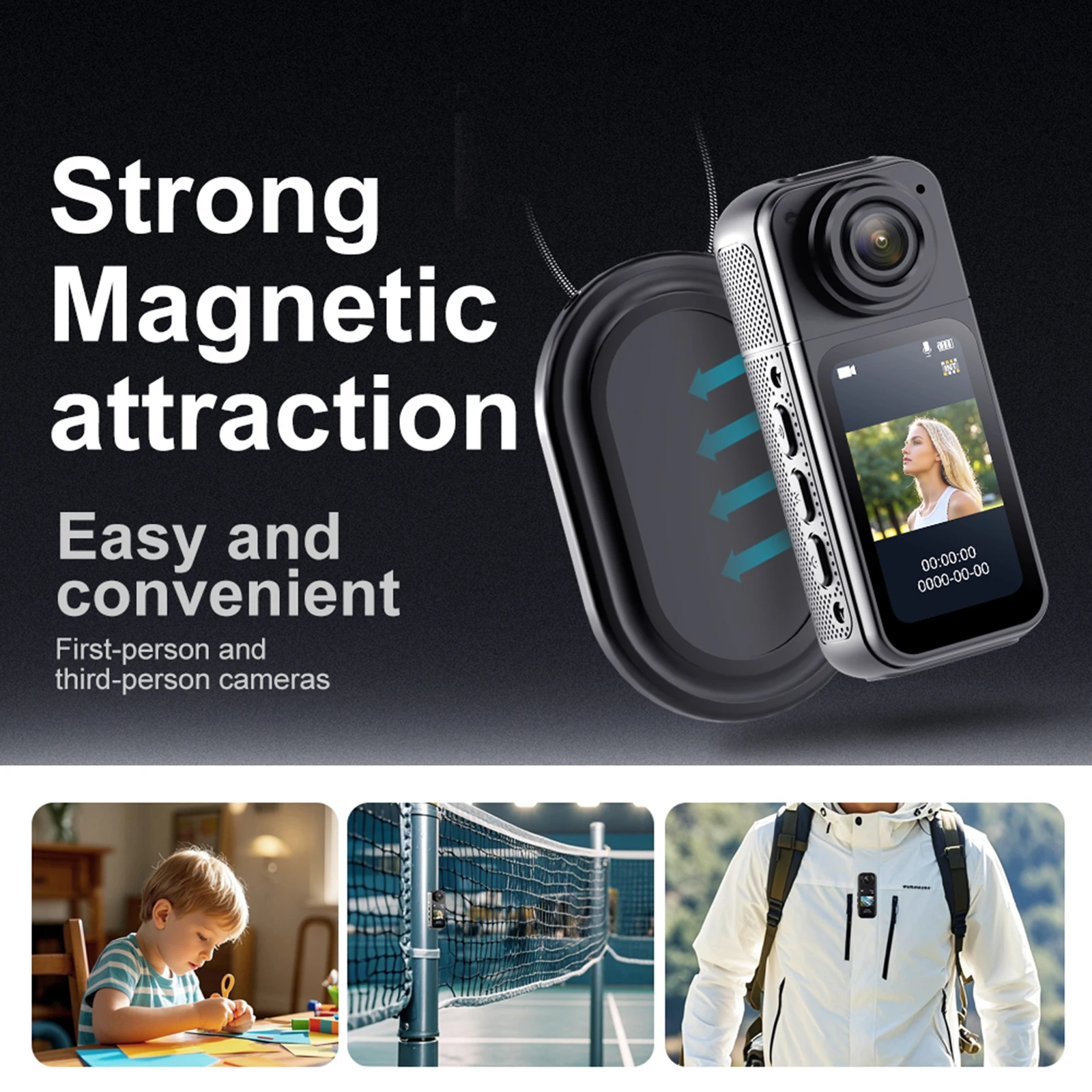 2.7K Thumb Camera Magnetic Mount Lanyard Wifi Cycling Recorder with Charging Case Camcorder Logger Long Battery Life for Outdoor