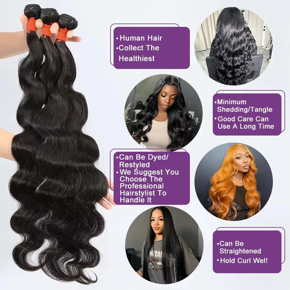 Virgin Brazilian Weave 12A Loose Body Wave 30 32 Inch 1-4 Bundles Remy Human Hair Natural Black Raw Extensions Water-friendly 2