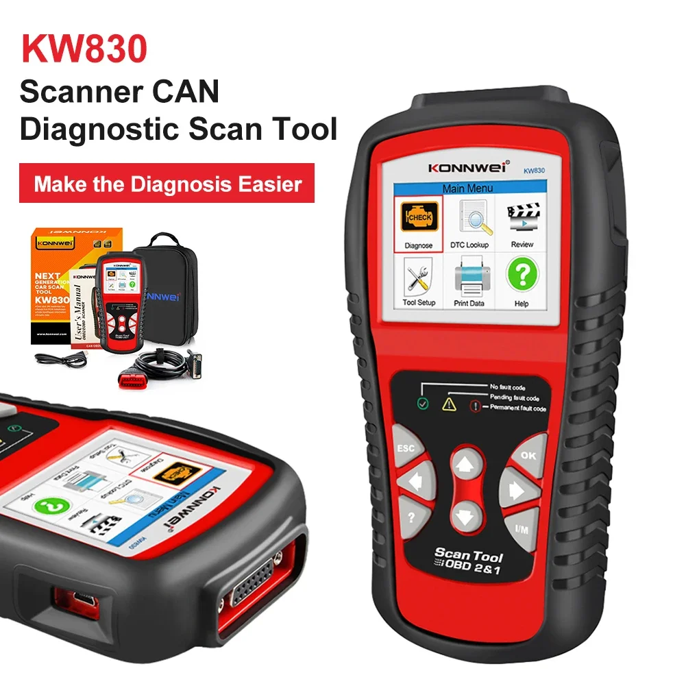 

KONNWEI KW830 OBD2 сканер CAN диагностический сканер с цветным дисплеем считыватель кодов неисправностей двигателя для автомобиля с протокола OBDII с 1996 года