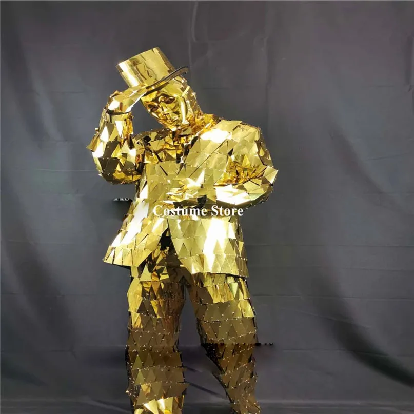 

Gold color mirror men suit mirror robot dance costumes disco show jacket dj mirror hat outfit club performance catwalk wears