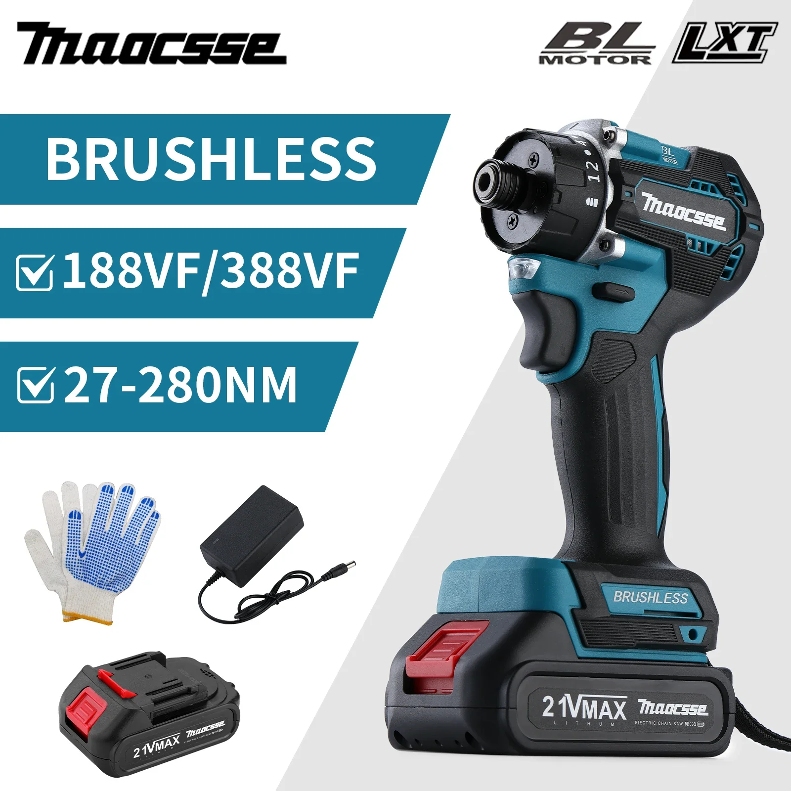 충전식 무선 전기 드릴 스크루 드라이버, Makita 18v 배터리용, 20 + 1 토크, 280N.m
