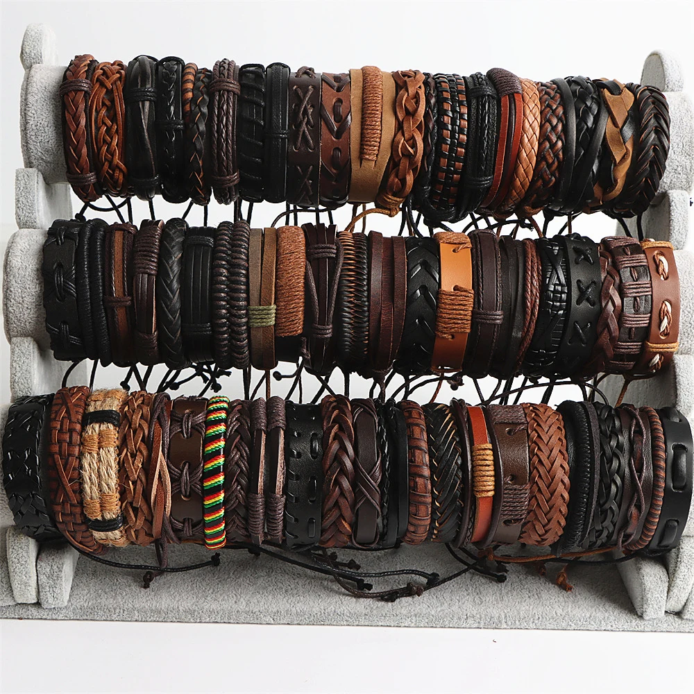 Leather bracelets 20Pcs/Lot Handmade Retro Vintage Leather Cuff Bracelets For Women Men Mix Styles Adjustable Party Gifts