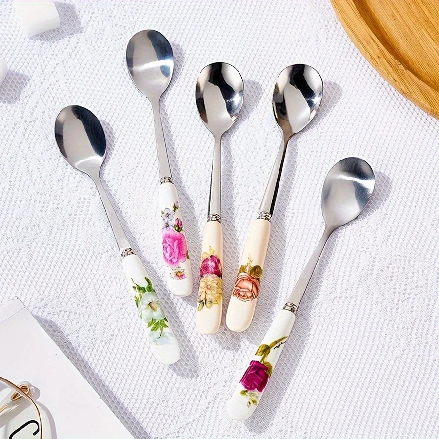 Stainless Steel Coffee Spoons With Ceramic Handles 6pcs Perfect For Mixing Sugar Ice Cream Kitchen & Dining Accessories stainless steel spoon stainless steel spoon set