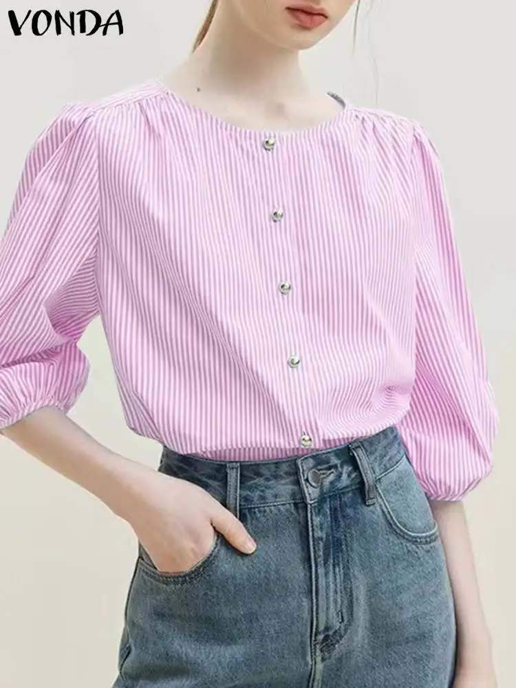 

VONDA Stripe Shirts Women Fashion Blouse 2024 Casual Puff Sleeve Tunic Tops Loose Buttons Elegant Party Blusas Femininas