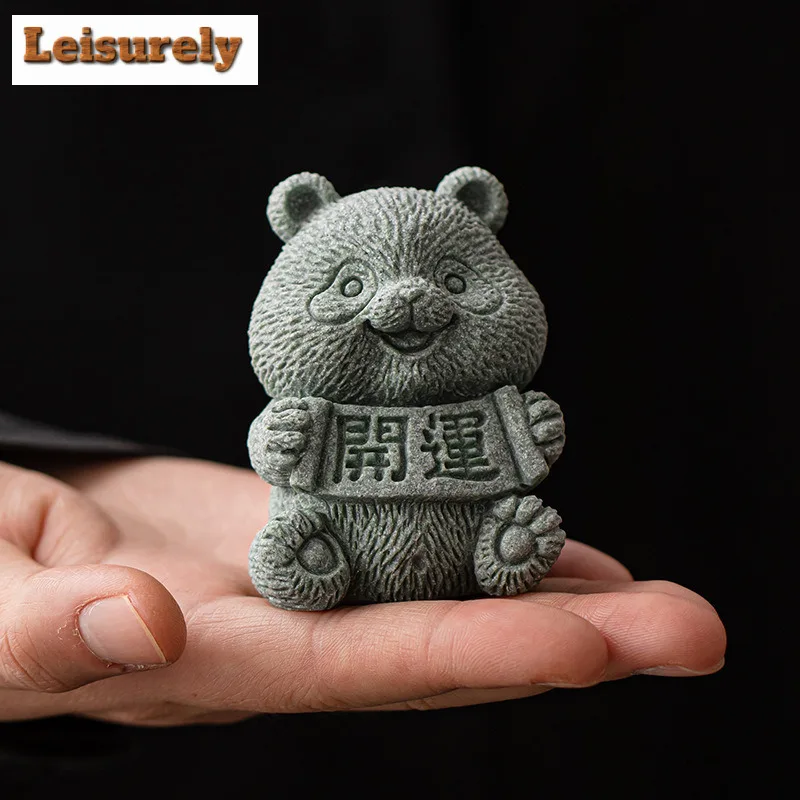 Cyan Sand Stone Panda Tea Pet Vintage Lucky Model Tea Figurine Play Toys Tea Statue Ornaments Tableware Accessories Collection