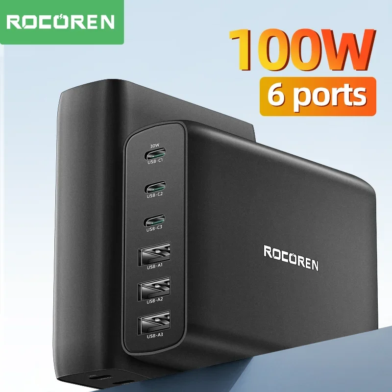 Rocoren 100W GaN Charger USB Type C PD Fast Charger Quick Charge 4.0 3.0 Multiple Desktop Charging Station For iPhone 15 Xiaomi Best Sellers In Phones Accessories