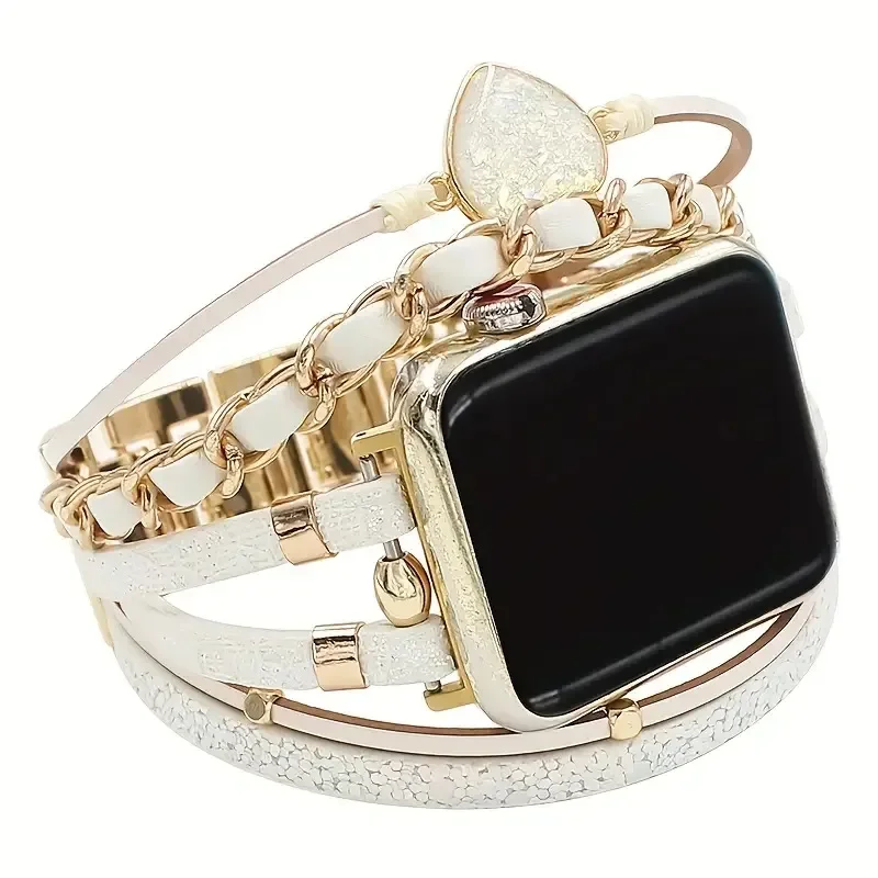 Elegant Metal and Leather Bracelet Link Watch Band Strap