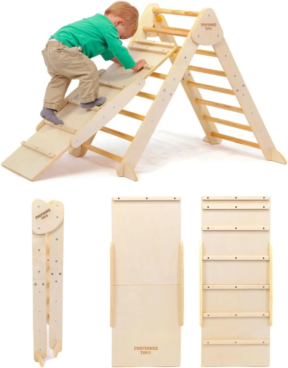 Triangle-3 in 1 Montessori Climbing Set with Slide and Wooden Climber Wall-Foldable Kids Indoor Play Equipment Gym fo