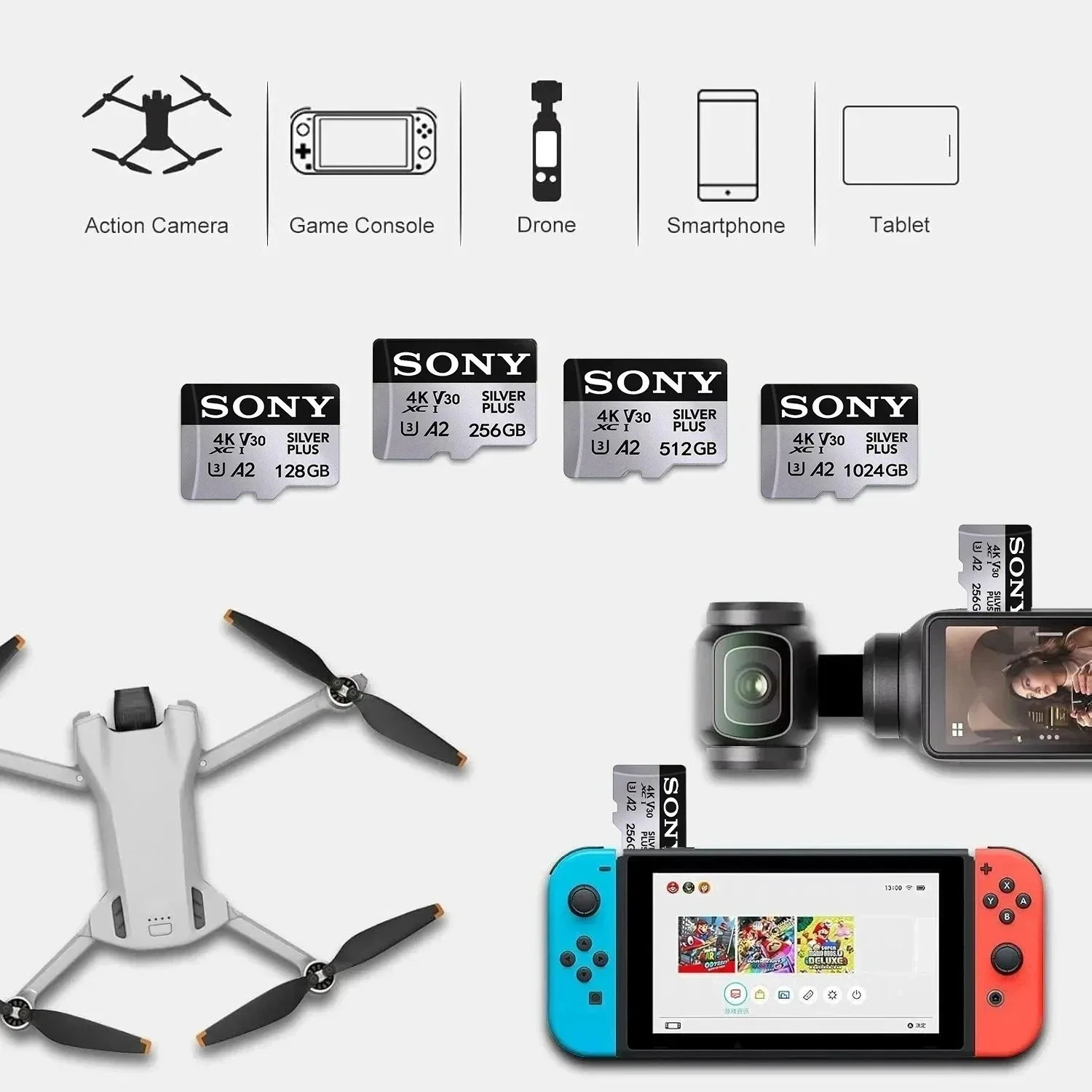   메모리 카드 128GB 256GB 1024GB 512GB 고속 휴대 간편 확장 그레이 마이크로SD ™   UHS-I 플래시 카드