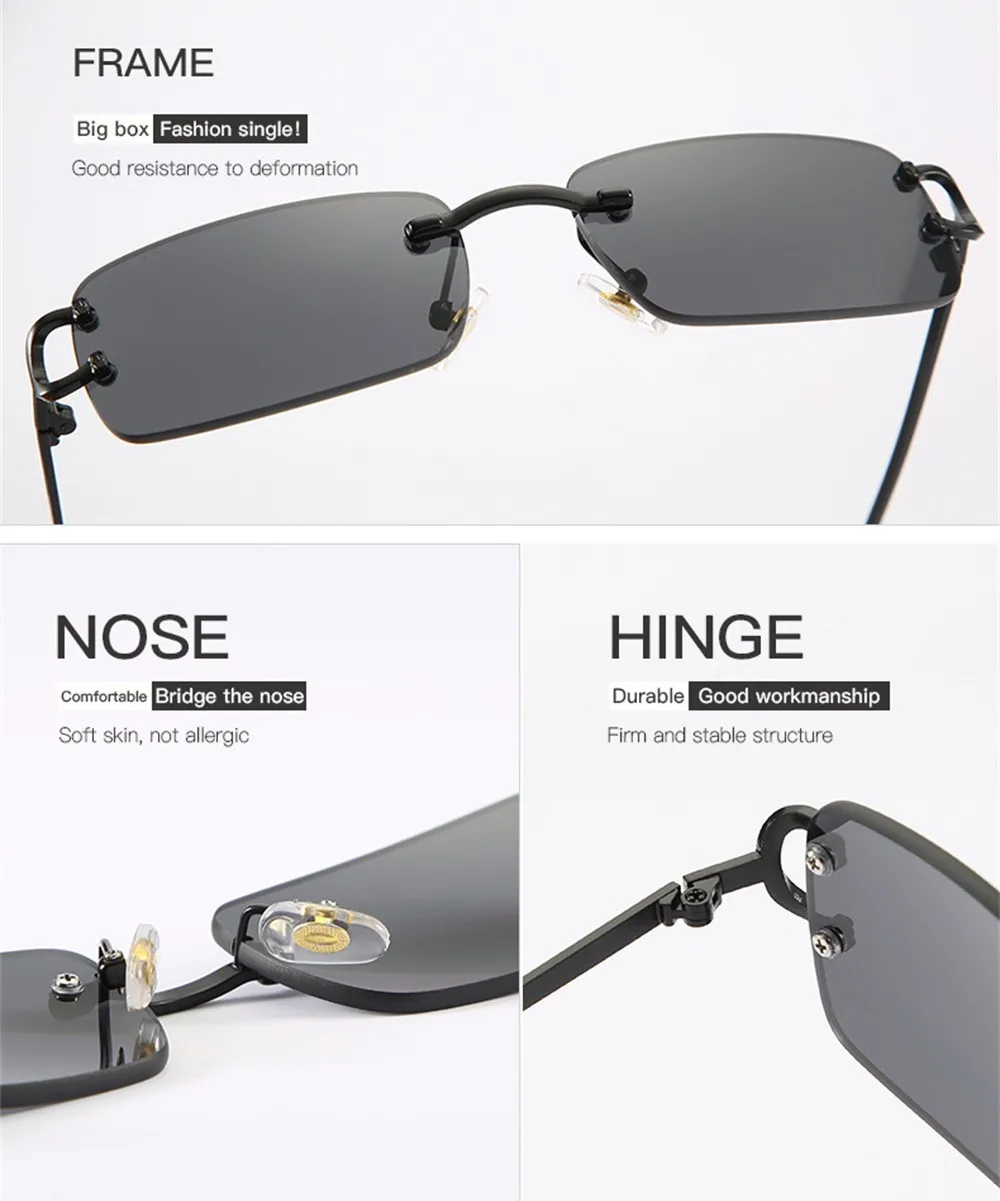 Rimless Rectangle Sunglasses For Women & Men – Small Vintage Square Shades, UV400 Protection – Green Lens - View #3