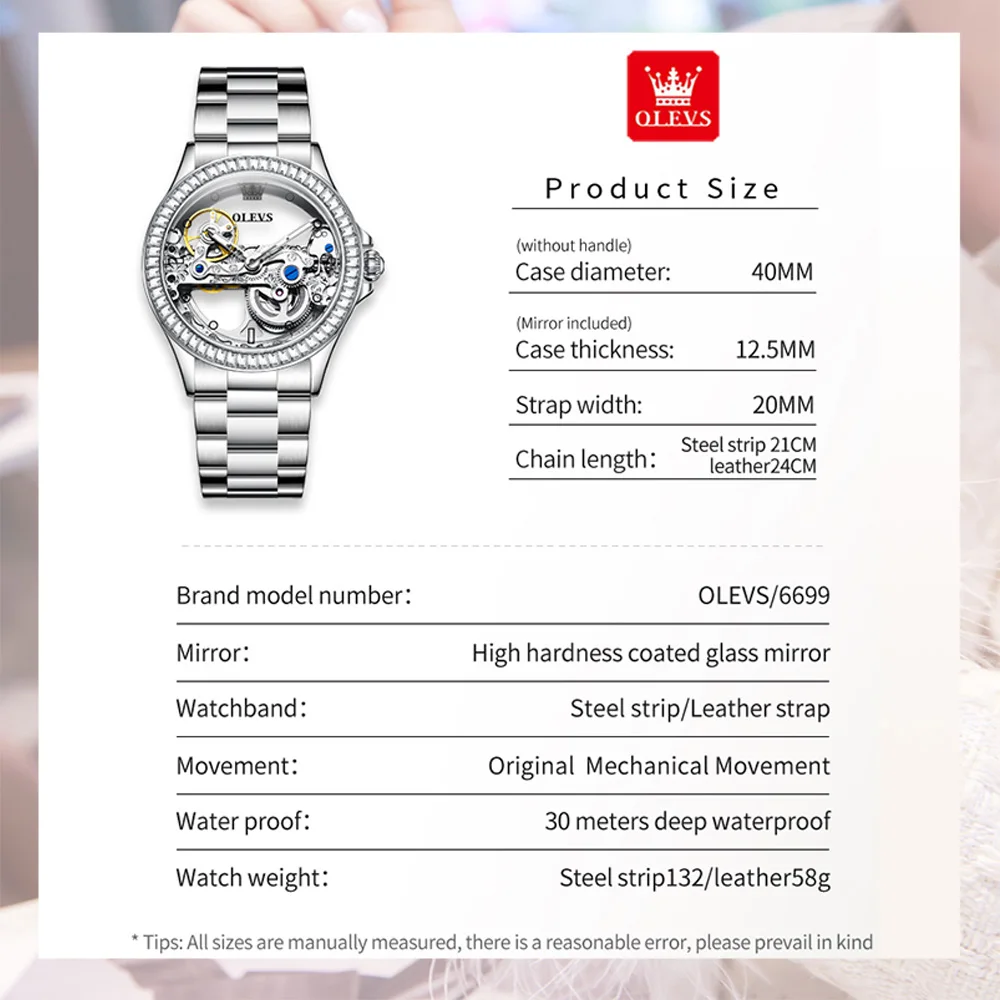 OLEVS Fully Hollow Watch for Women Automatic Mechanical Women's Watches Luminous Luxury Stainless Steel Diamond Inlay Wristwatch