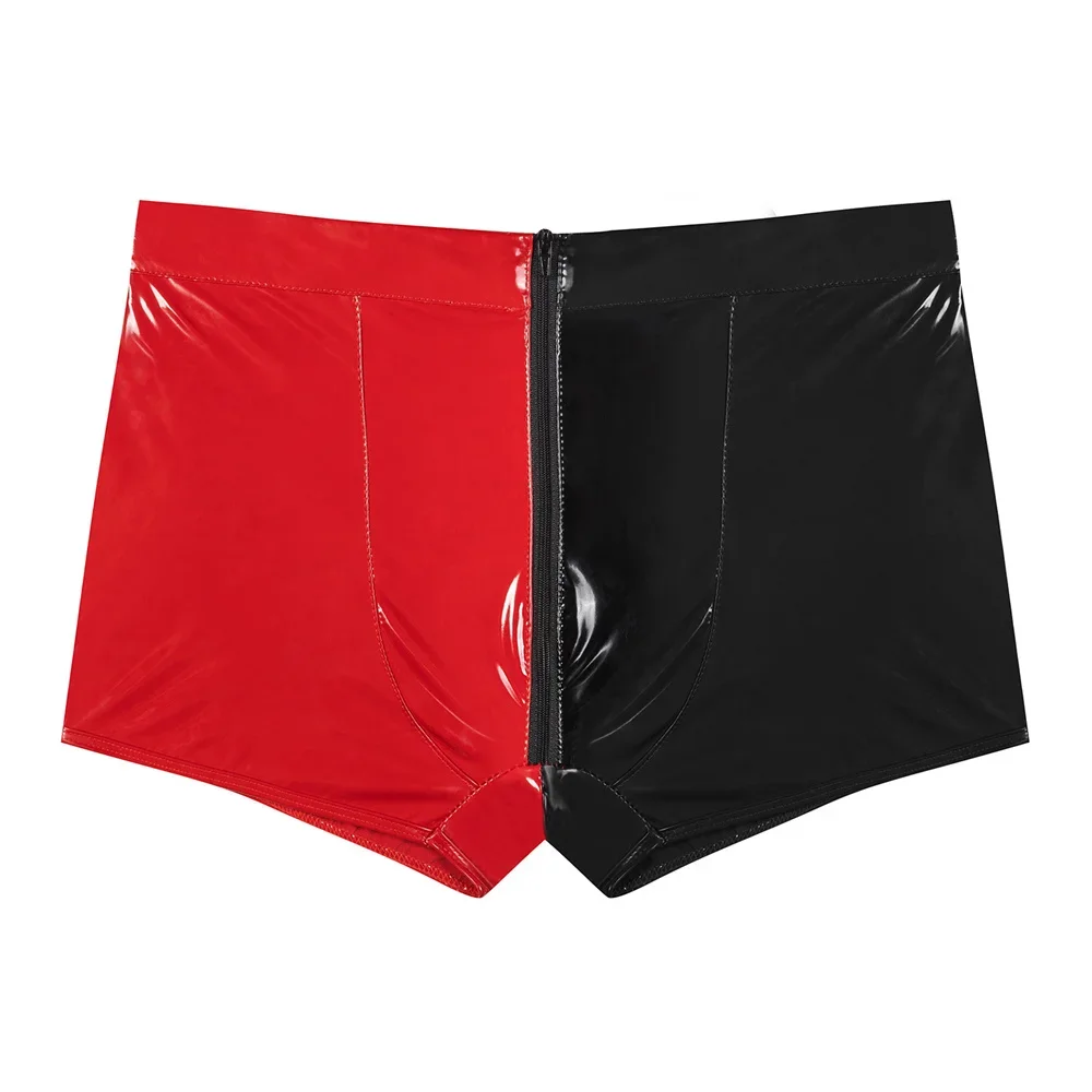 S-5XL Men Faux PU Leather Boxers Shorts PVC Trunks Zipper Open Crotch Boxer Short Pant Underwear Boxershorts Patchwork Underpant