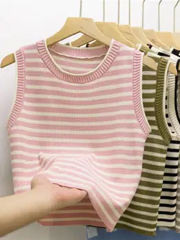 جديد 2025 سترات أساسية مخططة بسلسلة مرنة للنساء بدون أكمام وكاميس قطع علوية قصيرة صيفية قصيرة 3