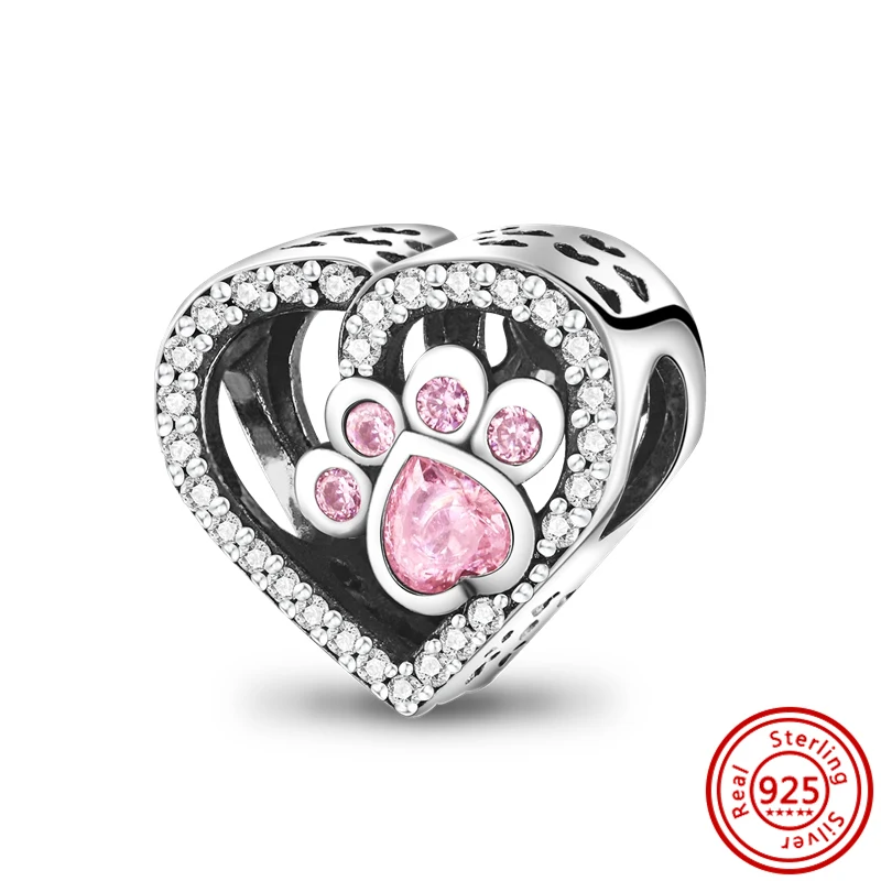 Beads Charms 925 Sterling Silver Cute Animals Dog Paw Print Pendant Love Heart Beads Fit Original Pandora Bracelet DIY Jewelry Making