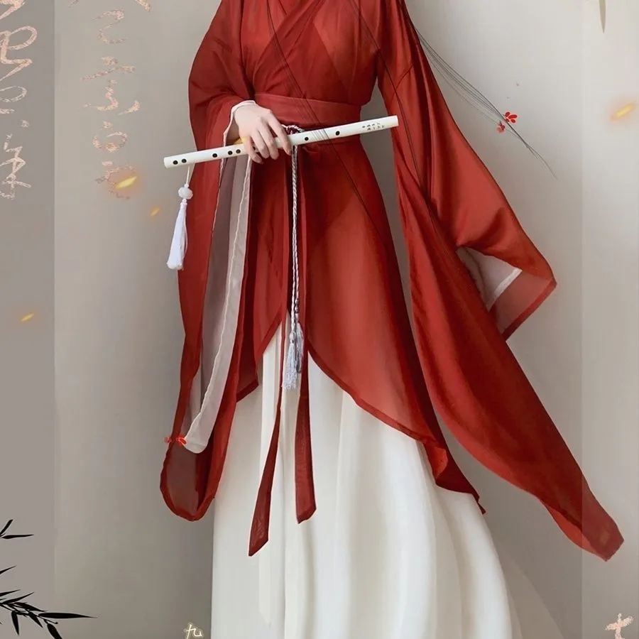 

Wei Jin Style Hanfu Suit Nirvana Red Chinese Style Dress Women Daily Han Elements Costume Big Sleeve Hanfu Ancient Tang Attire