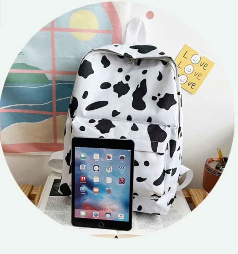 Personalized Harajuku Style Backpack For Women's Ins Super Hot Cow Pattern Cute Girl Canvas Bag Soft Girl Backpack 3