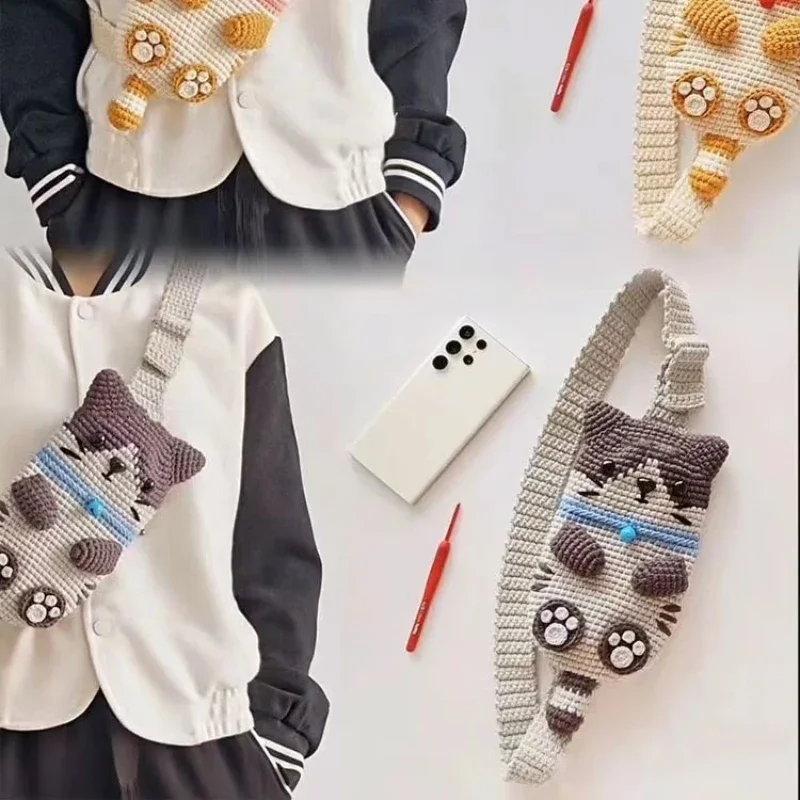 Cat Crossbody Bag DIY Material Yarn, Mobile Phone Bags Yarn Crochet Thread Set,Cute Coin Purse, Couple Weaving Gift Knitted Yarn 2