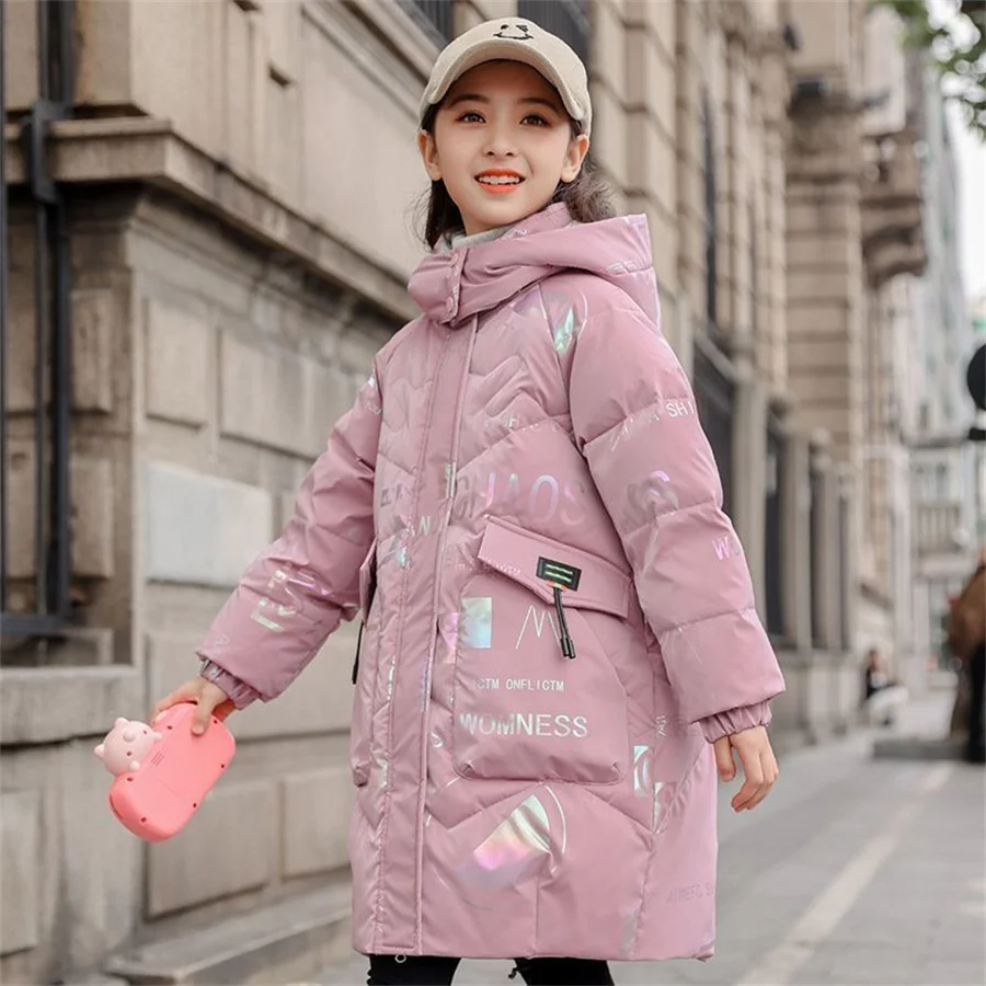 

2024 Girls Winter Thick Coat Teen Parka Children Plus Velvet Warm Jackets Fashion Hooded Outwear Kids Clothes 3-15Y
